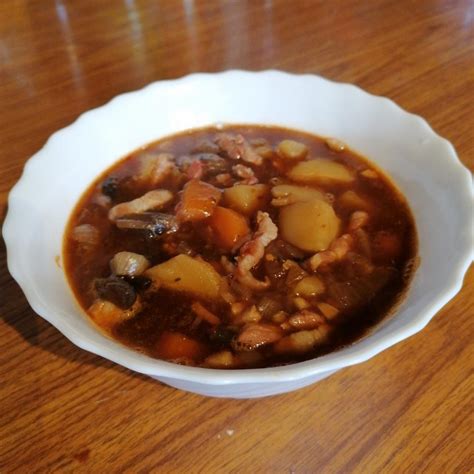 English Roots and bacon stew .